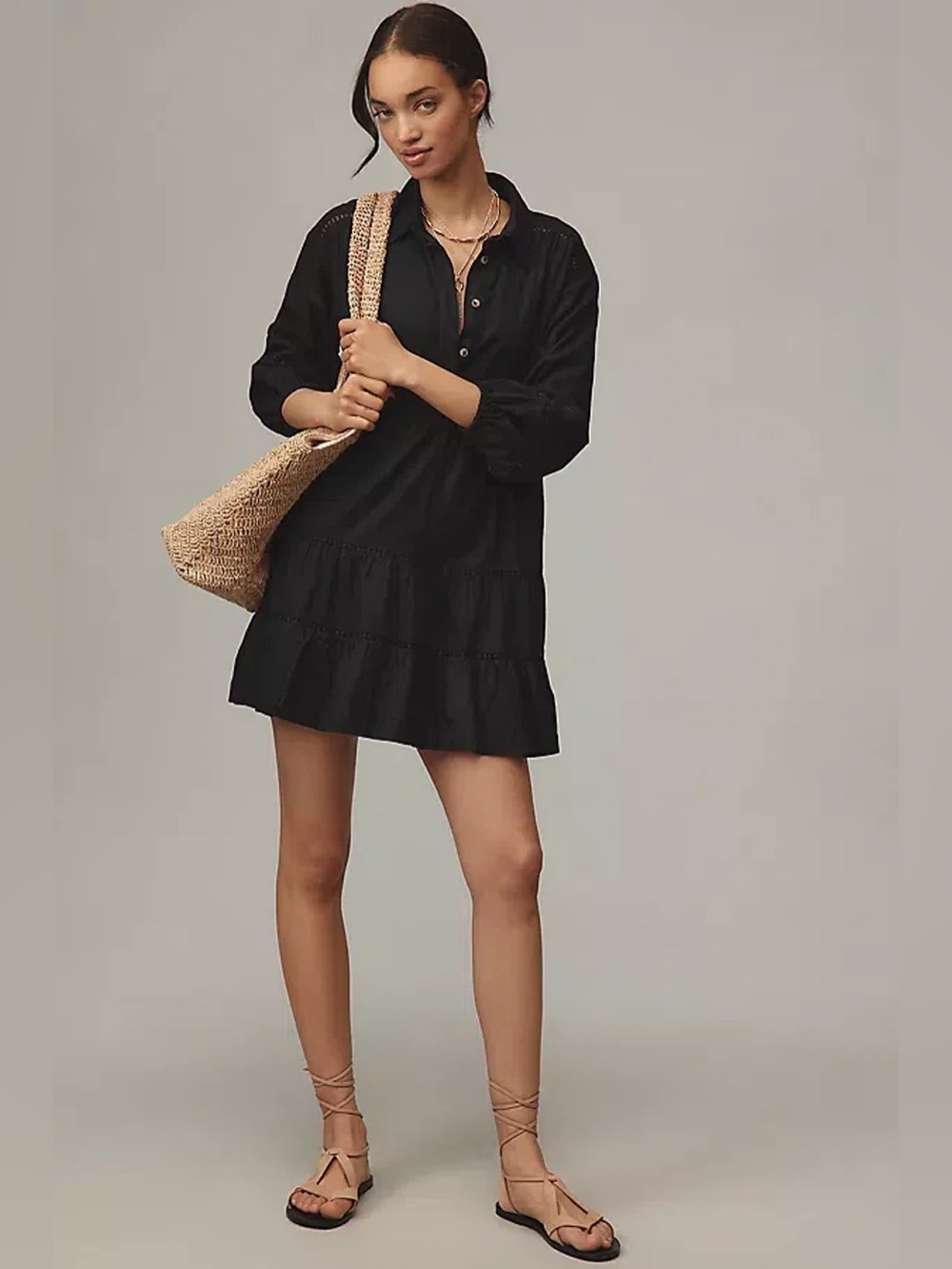 Anthropologie Maeve The Bettina Black Long Sleeve Cotton Tiered Mini Dress Sz S